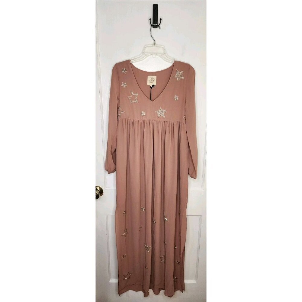 NWT Size Small Chaser Blush Pink Beaded Star Maxi Dress Slit Sleeves